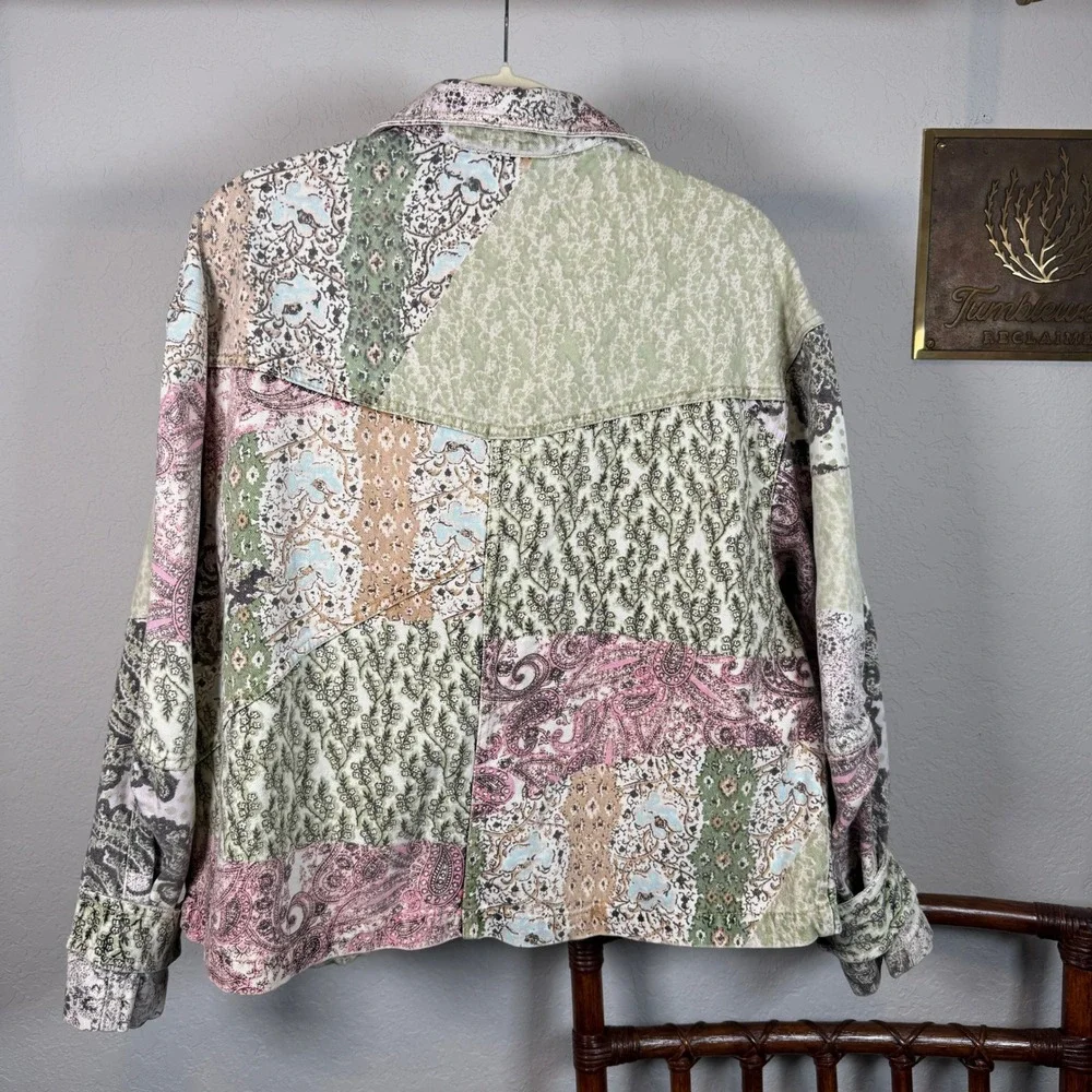 Free People Womens Patchwork Denim Jacket Paisley Floral Multi Color XS - Picture 9 of 11
